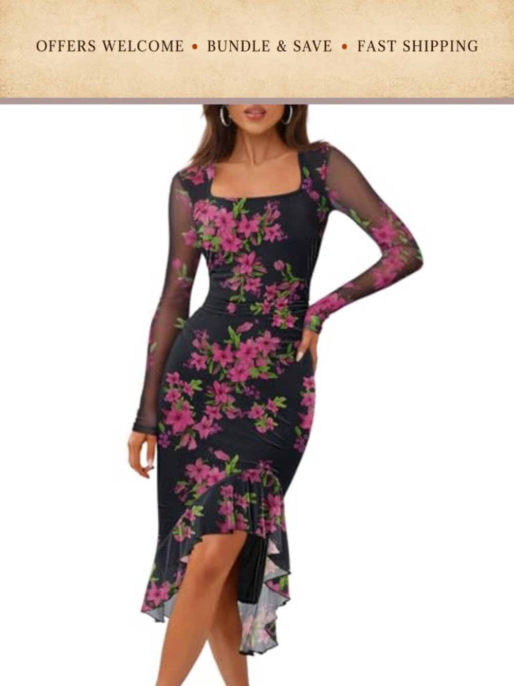 Women's Long Sleeve Bodycon Square Neck Mesh Midi Dress Wedding Guest Party